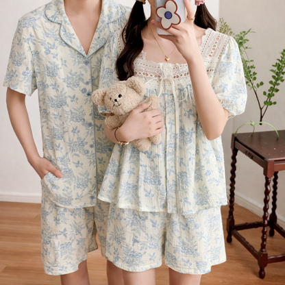 Blueberry Floral Gauze Cotton Pajama Set – Lace Trim Blouse & Shorts