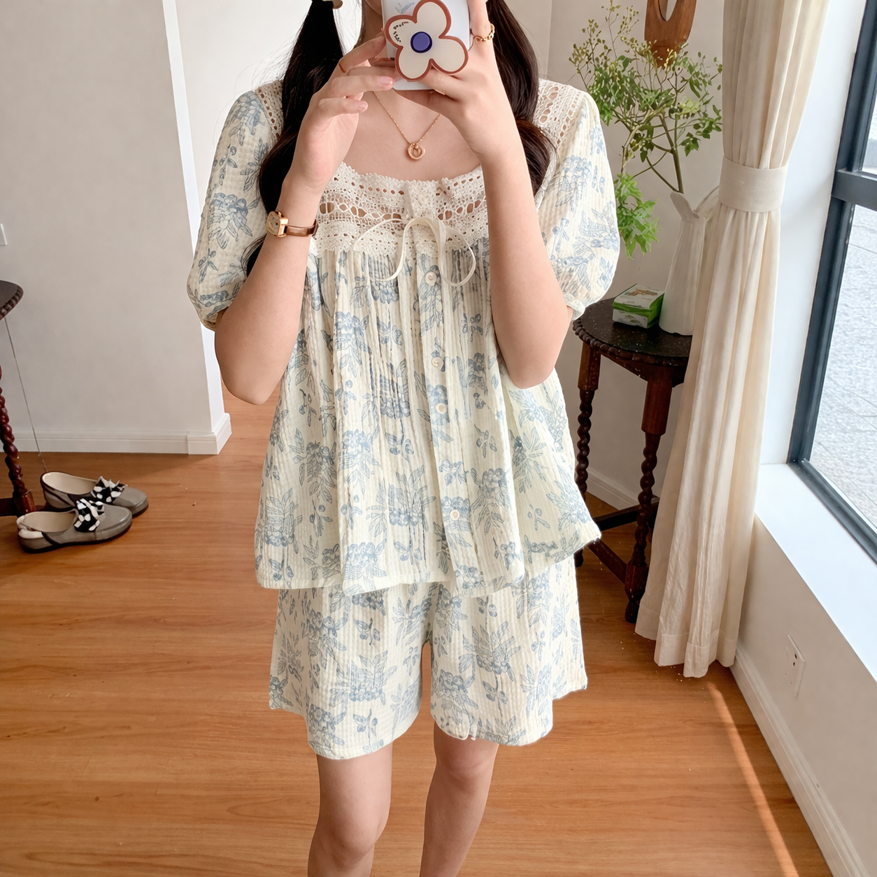 Blueberry Floral Gauze Cotton Pajama Set – Lace Trim Blouse & Shorts
