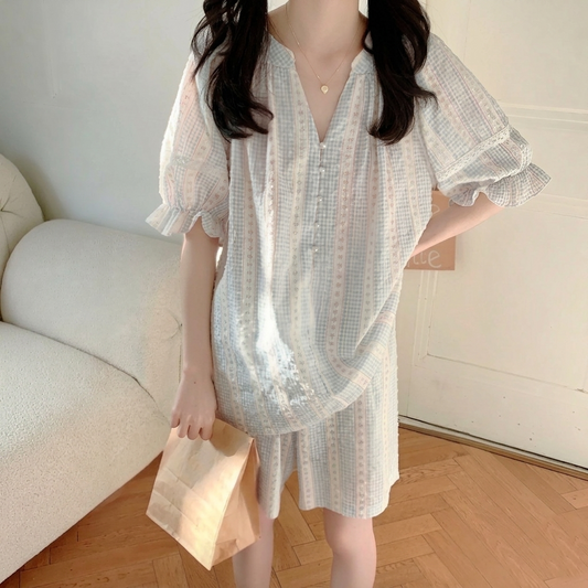 Stripe Floral  Cotton Pajama Set – Pearl Button & Lace Detail