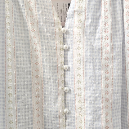Stripe Floral  Cotton Pajama Set – Pearl Button & Lace Detail