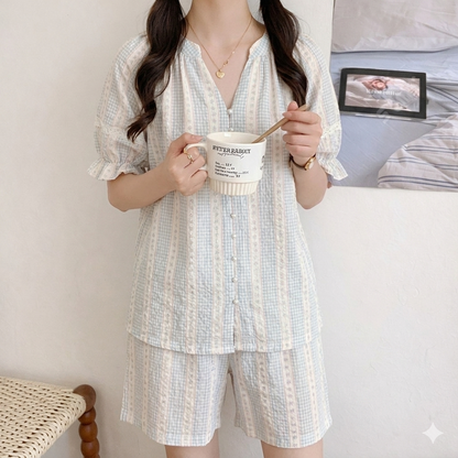 Stripe Floral  Cotton Pajama Set – Pearl Button & Lace Detail