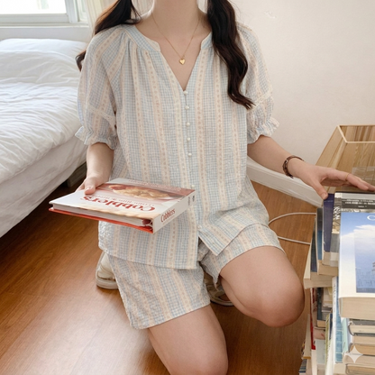 Stripe Floral  Cotton Pajama Set – Pearl Button & Lace Detail