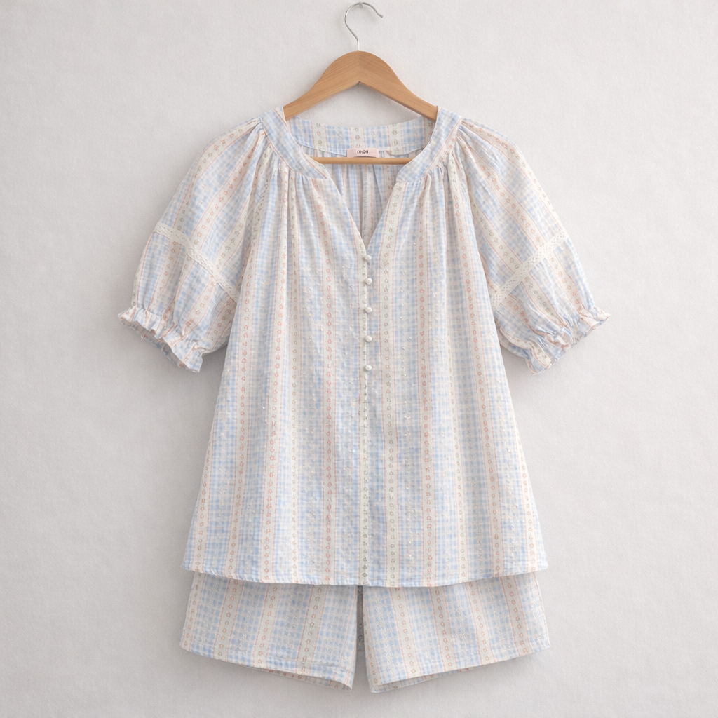 Stripe Floral  Cotton Pajama Set – Pearl Button & Lace Detail