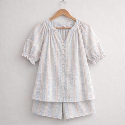 Stripe Floral  Cotton Pajama Set – Pearl Button & Lace Detail