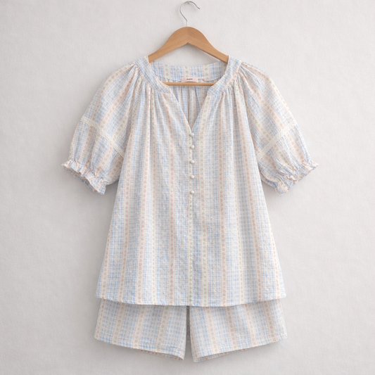 Stripe Floral  Cotton Pajama Set – Pearl Button & Lace Detail