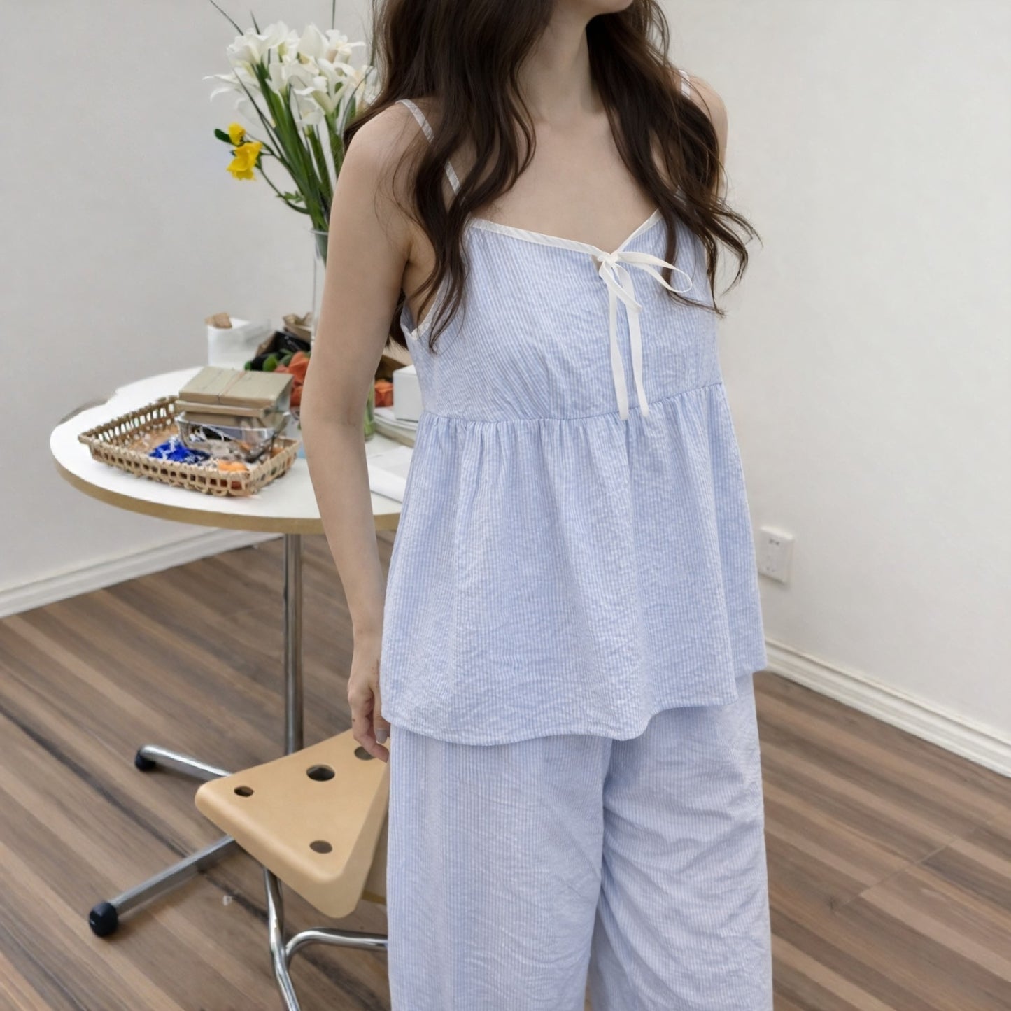 Soft Striped Cotton Pajama Set – Ribbon Tie Cami & Pants