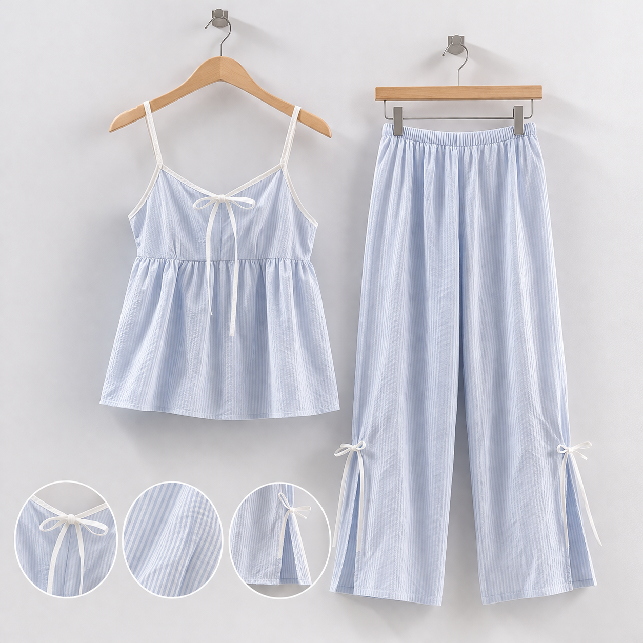 Soft Striped Cotton Pajama Set – Ribbon Tie Cami & Pants