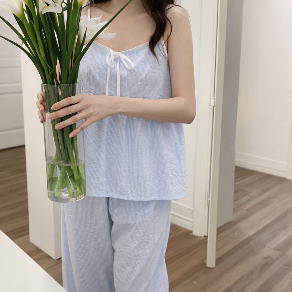 Soft Striped Cotton Pajama Set – Ribbon Tie Cami & Pants