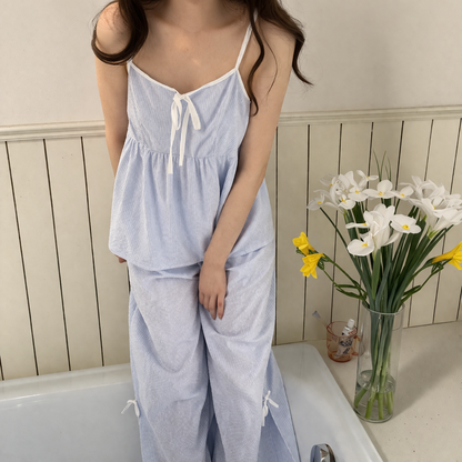 Soft Striped Cotton Pajama Set – Ribbon Tie Cami & Pants