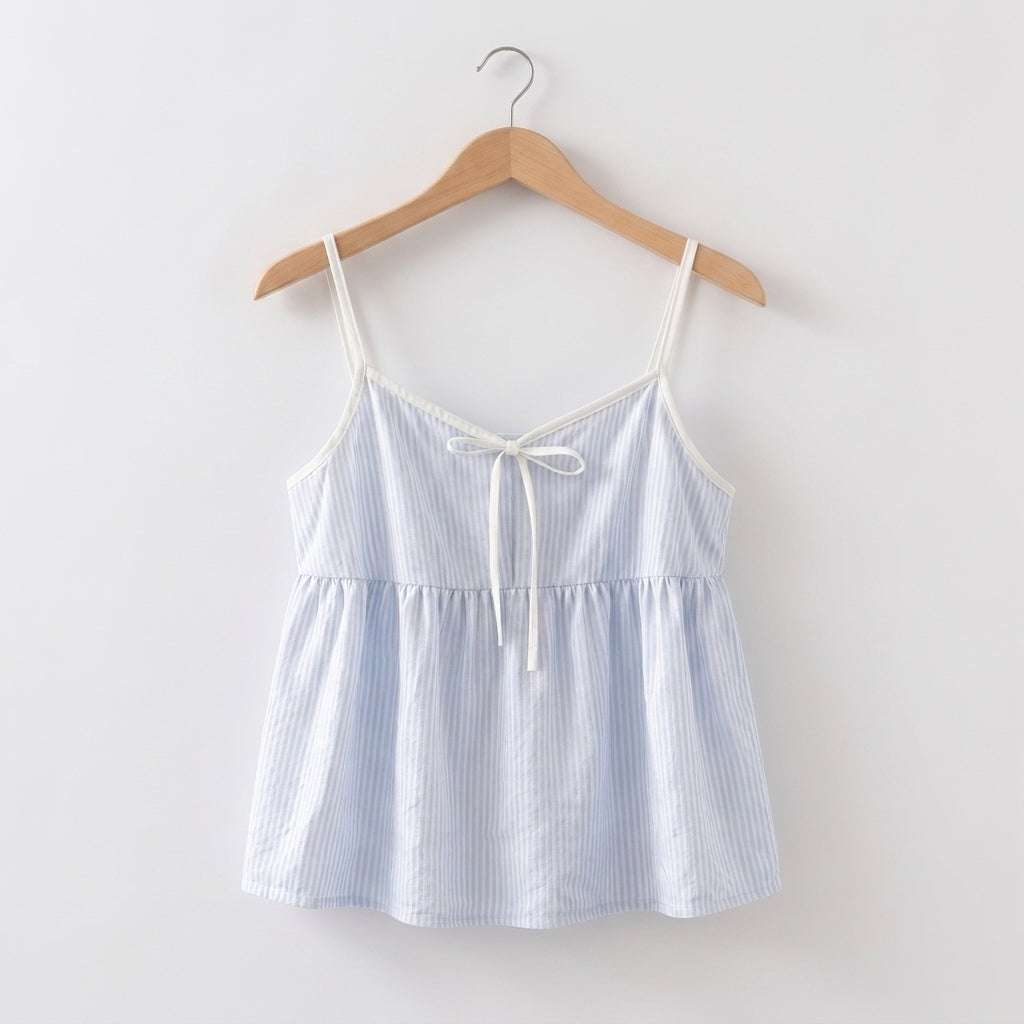 Soft Striped Cotton Pajama Set – Ribbon Tie Cami & Pants
