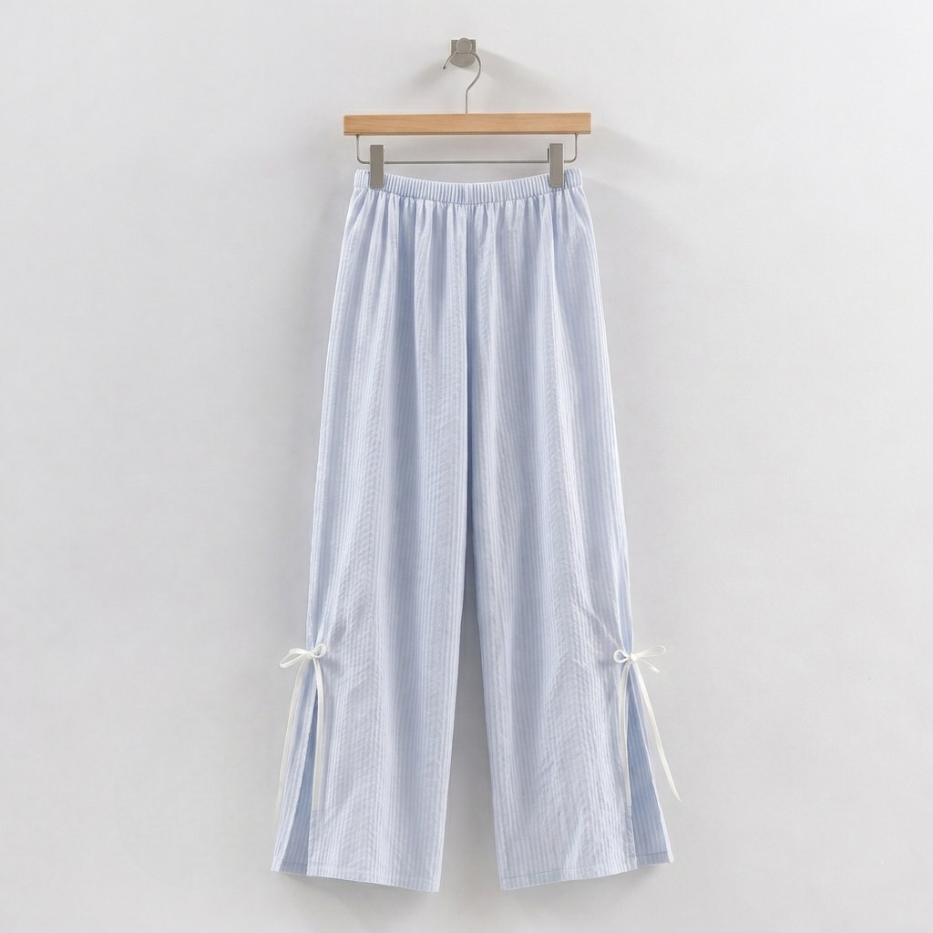 Soft Striped Cotton Pajama Set – Ribbon Tie Cami & Pants