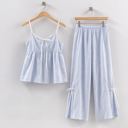 Soft Striped Cotton Pajama Set – Ribbon Tie Cami & Pants