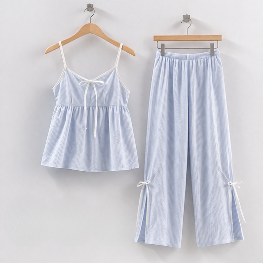 Soft Striped Cotton Pajama Set – Ribbon Tie Cami & Pants