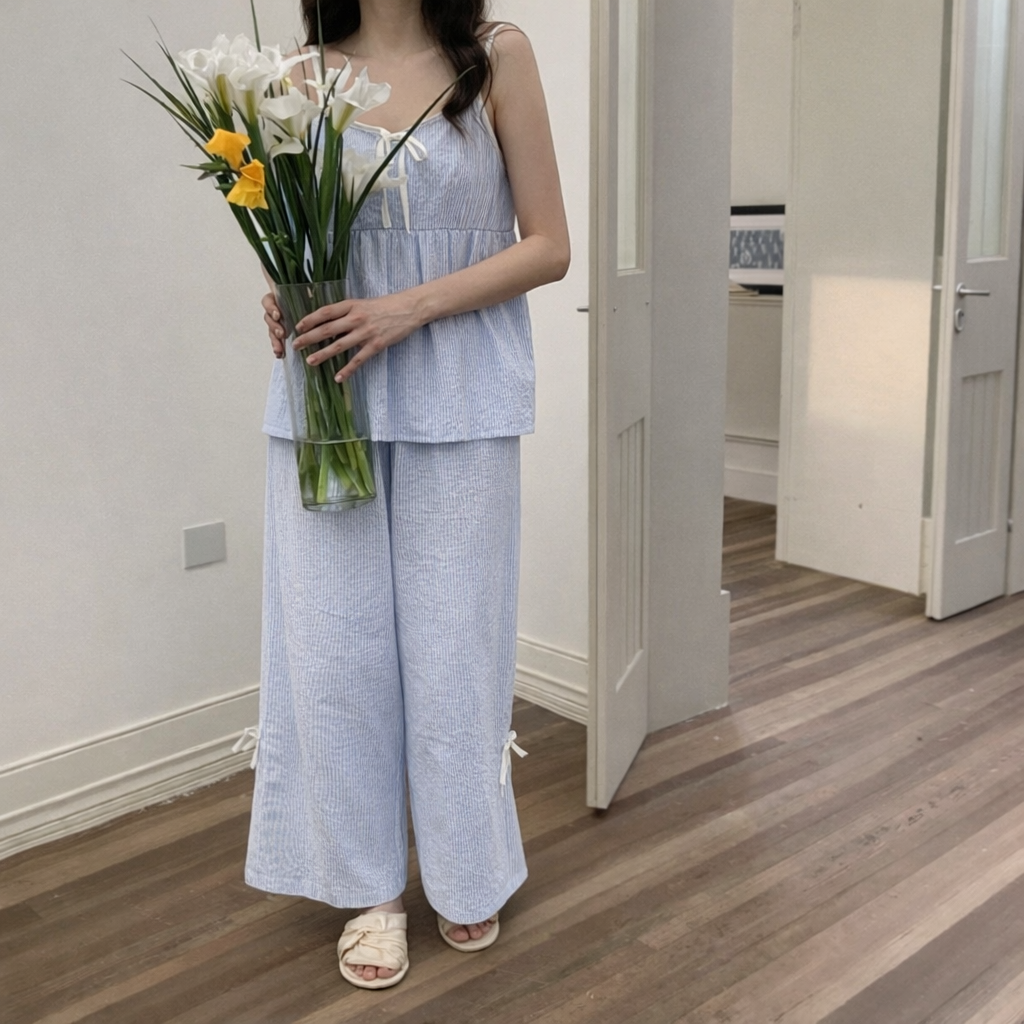 Soft Striped Cotton Pajama Set – Ribbon Tie Cami & Pants