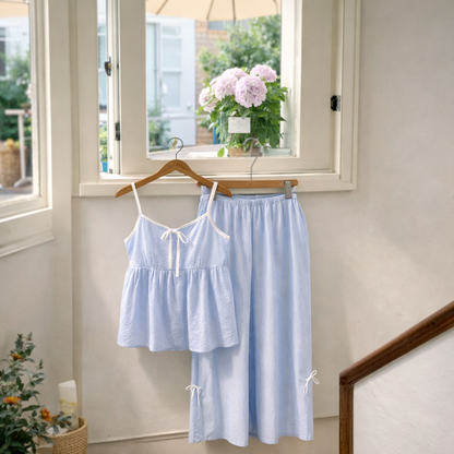 Soft Striped Cotton Pajama Set – Ribbon Tie Cami & Pants