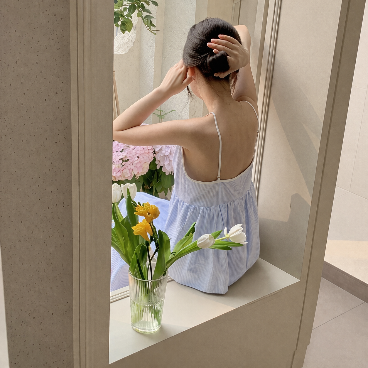 Soft Striped Cotton Pajama Set – Ribbon Tie Cami & Pants