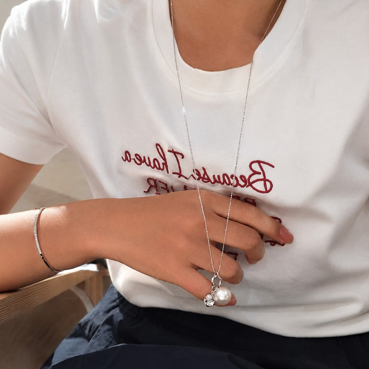 Pearl & Crystal Charm Long Necklace