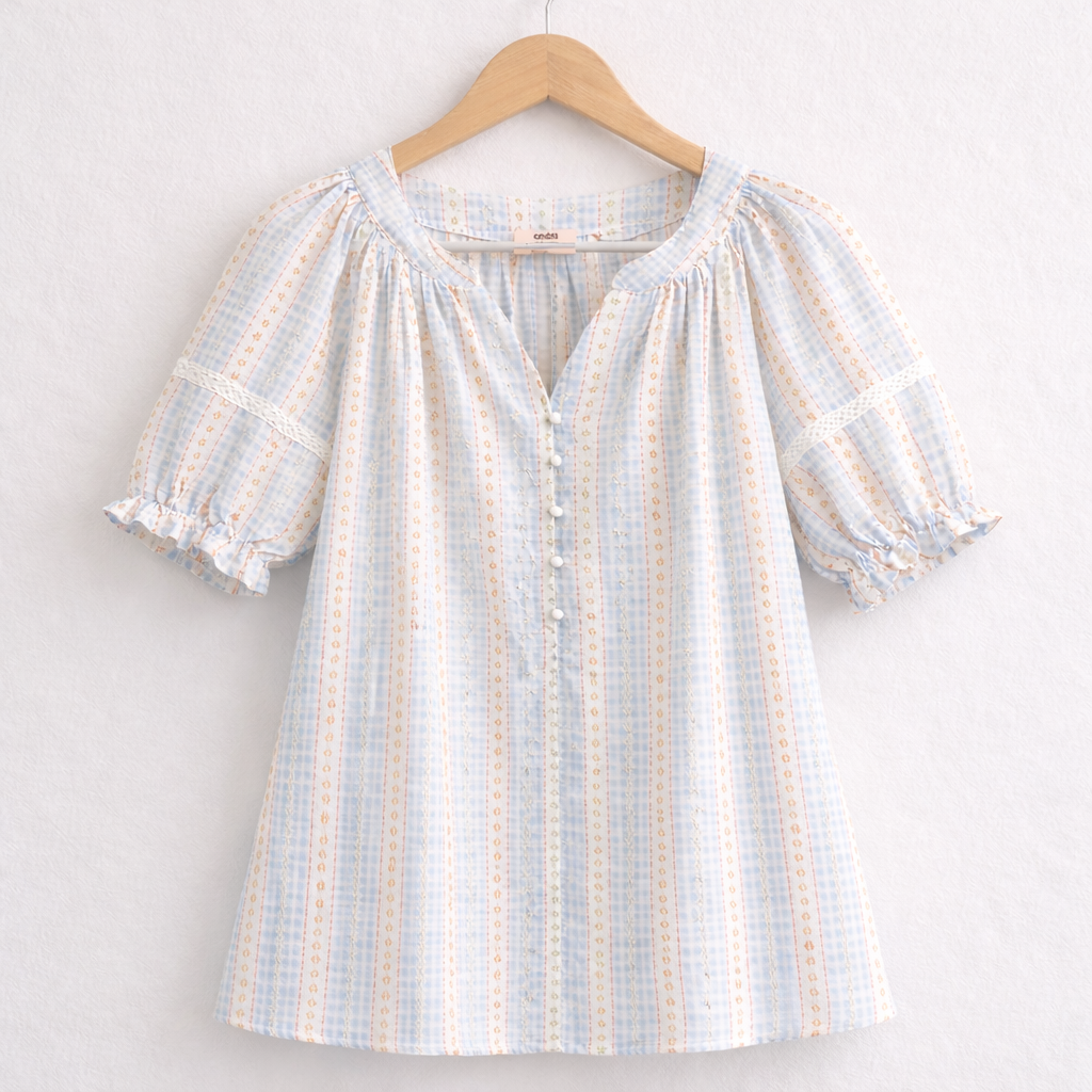 Stripe Floral  Cotton Pajama Set – Pearl Button & Lace Detail