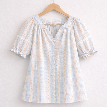 Stripe Floral  Cotton Pajama Set – Pearl Button & Lace Detail