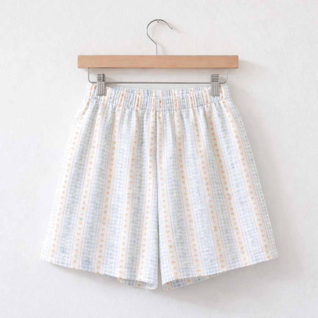 Stripe Floral  Cotton Pajama Set – Pearl Button & Lace Detail