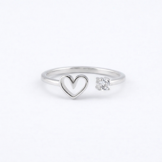 Open Heart Cubic Zirconia Ring in Silver – Free Size