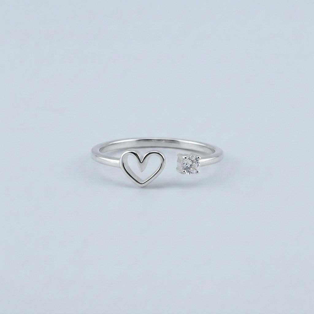 Open Heart Cubic Zirconia Ring in Silver – Free Size