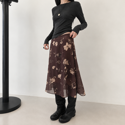 Floral Print Chiffon Midi Skirt - Women One Size
