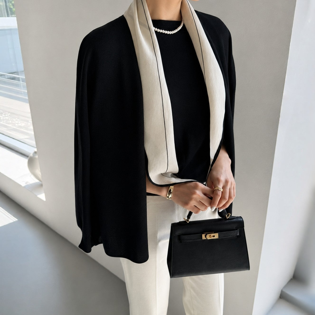 Minimal Line Wool Silk Diamond Scarf