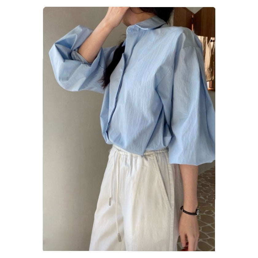 Sculpted Volume Sleeve Cotton Blouse – Women One Size