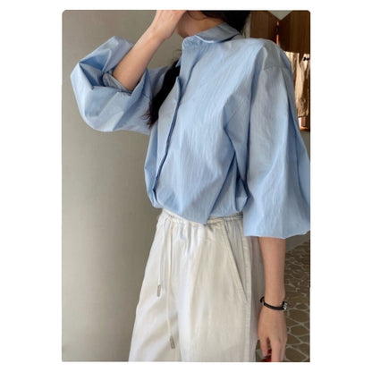 Sculpted Volume Sleeve Cotton Blouse – Women One Size