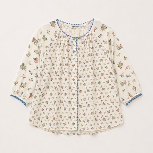 Vintage Garden Floral Cotton Peasant Blouse with Blue Crochet Trim - Women One Size