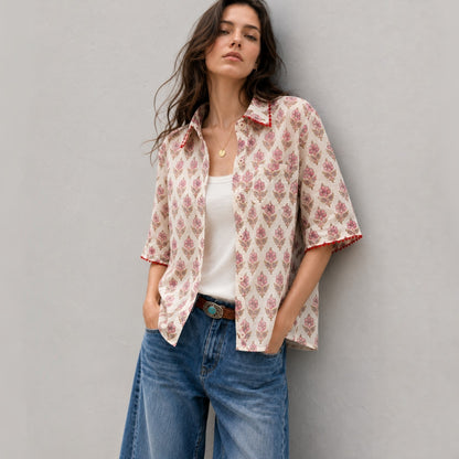 Boho Block Print Cotton Shirt - Women One Size