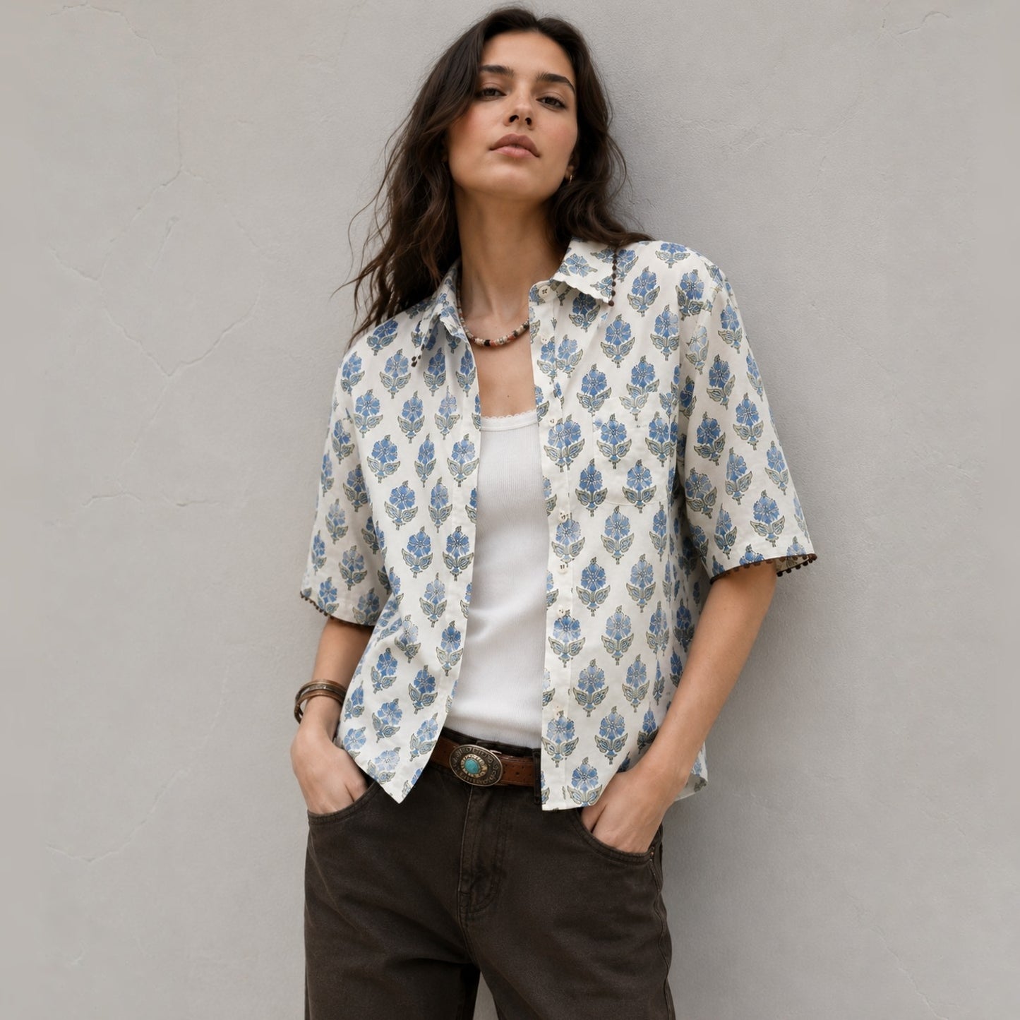 Boho Block Print Cotton Shirt - Women One Size