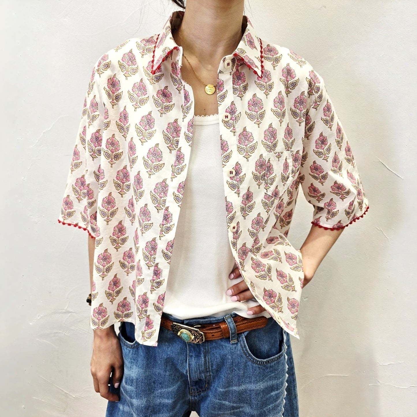 Boho Block Print Cotton Shirt - Women One Size