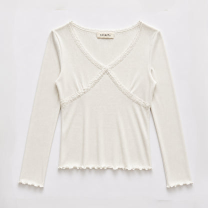 Lace Trim Cross Front Rib Top – Women One Size