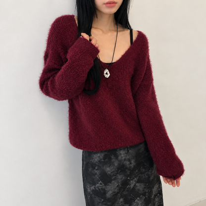Pine Needle V-Neck Knit Sweater - Women One Size
