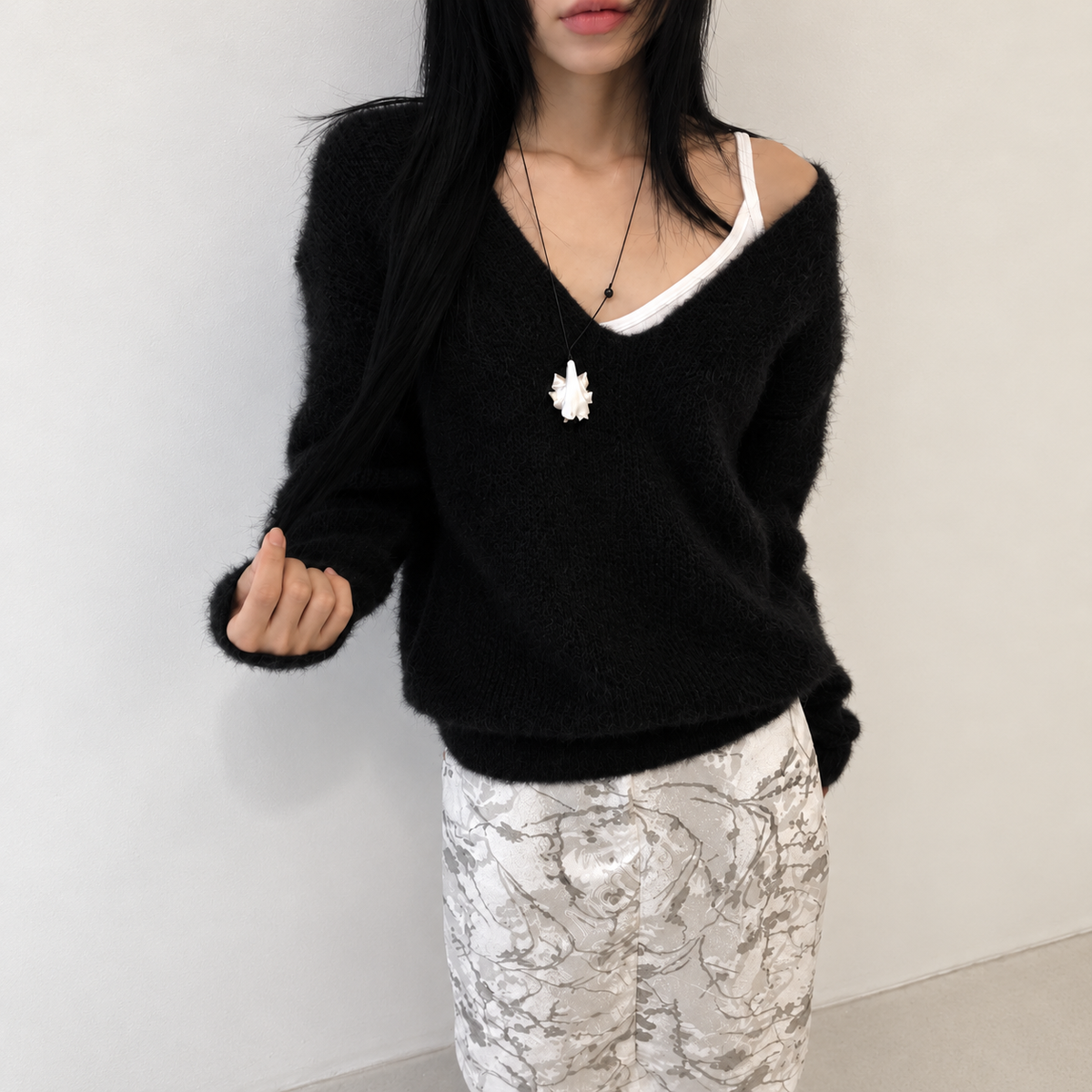 Pine Needle V-Neck Knit Sweater - Women One Size
