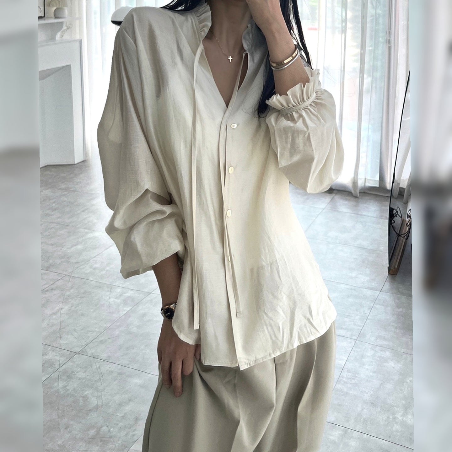 Ruffle Tie-Neck Blouse – Women One Size