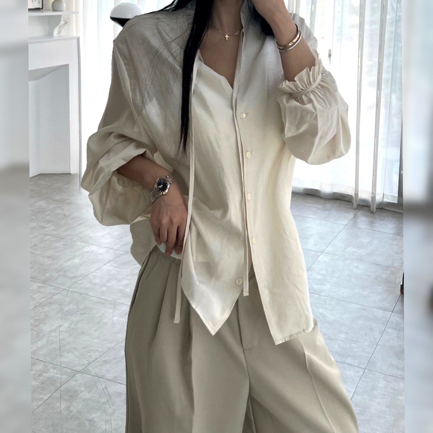 Ruffle Tie-Neck Blouse – Women One Size