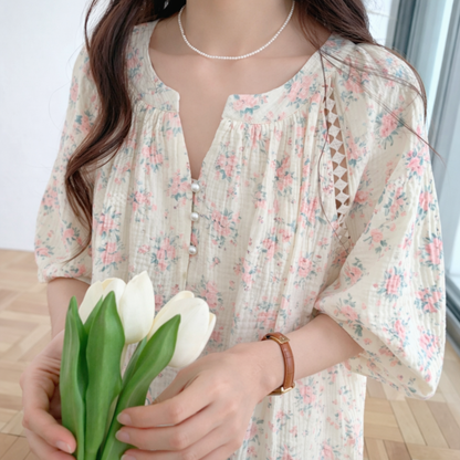Rose Garden Gauze Cotton Nightdress – Pearl Button & Lace Detail