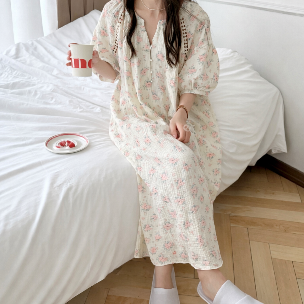 Rose Garden Gauze Cotton Nightdress – Pearl Button & Lace Detail