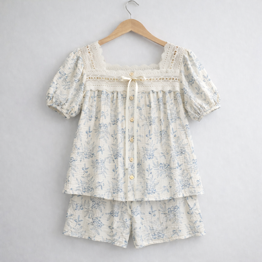 Blueberry Floral Gauze Cotton Pajama Set – Lace Trim Blouse & Shorts