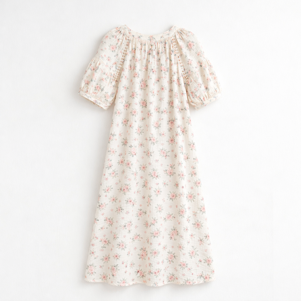 Rose Garden Gauze Cotton Nightdress – Pearl Button & Lace Detail