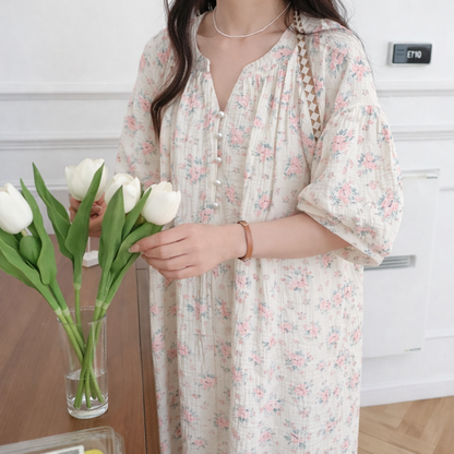 Rose Garden Gauze Cotton Nightdress – Pearl Button & Lace Detail