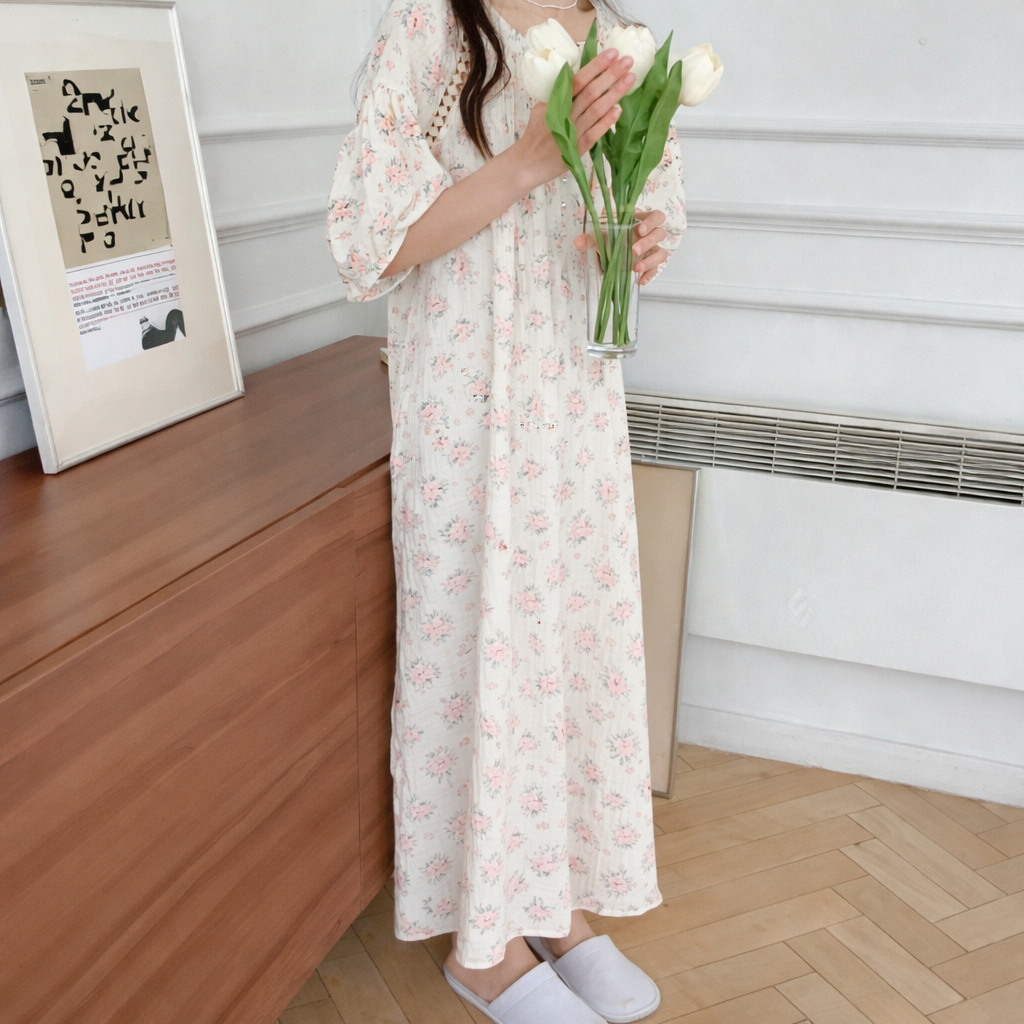 Rose Garden Gauze Cotton Nightdress – Pearl Button & Lace Detail