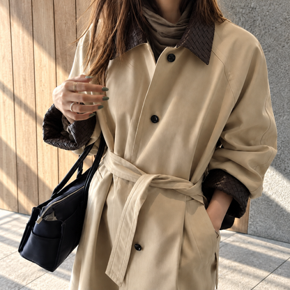 Woven Vegan Leather-Trimmed Long Trench Coat – Women’s One Size