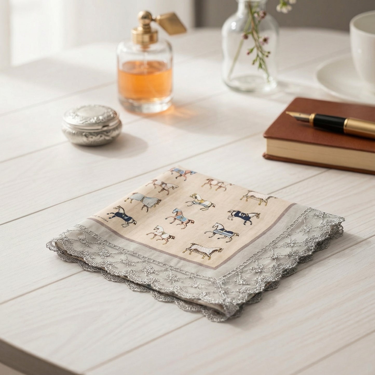 Vintage Horse Etiquette Handkerchief Apron  -  Soft Beige ,  Teal