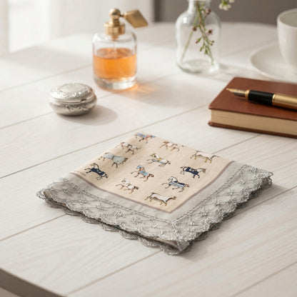 Vintage Horse Etiquette Handkerchief Apron  -  Soft Beige ,  Teal