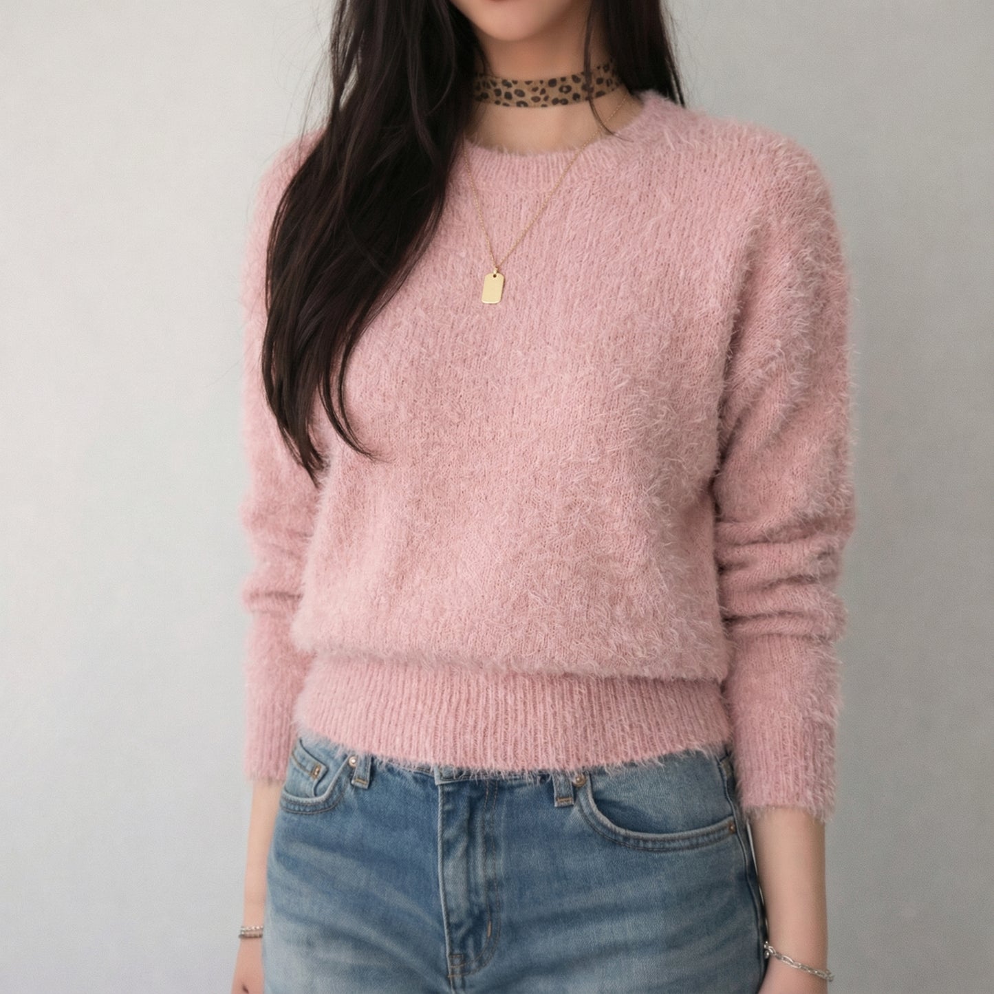 Soft Fuzzy Knit Pullover – Pink, Beige Women One Size