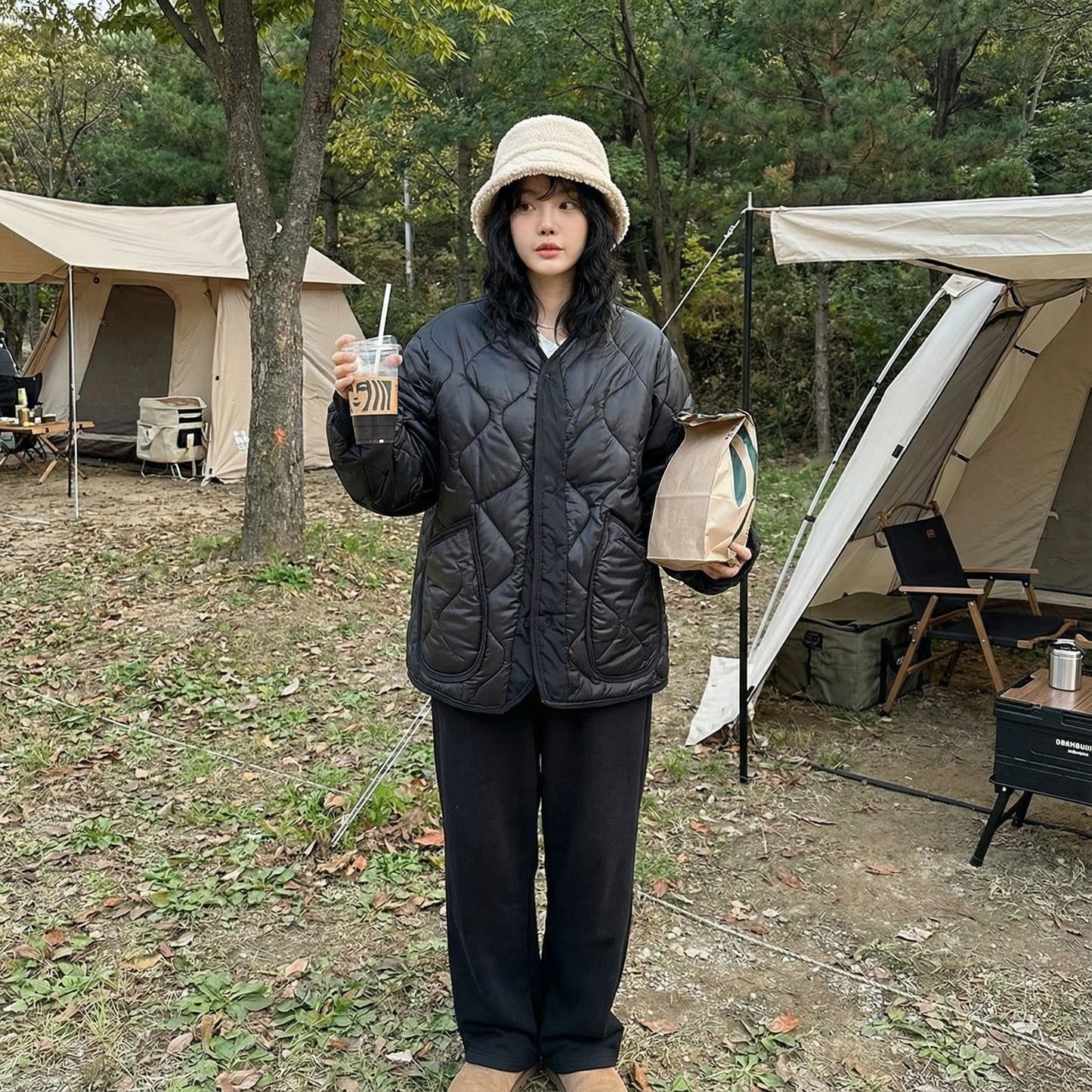 Quilted Padded Jacket - Black  (Unisex)